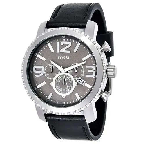 New-fossil Gage Silver Tone Chrono. Black Leather Band Black Dial Watch BQ1175 - Black, Silver