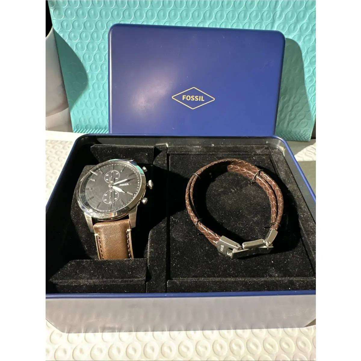 Townsman Chronograph Brown Leather Watch and Bracelet Set by Fossil