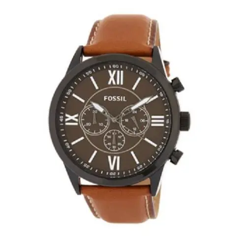 Fossil Black Tone Luggage Brown Leather Band Chrono.roman `S Watch BQ2042 - Dial: Black, Band: Brown