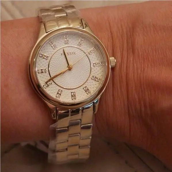 Women`s Fossil Watch Crystal Rhinestone Stainless Yellow Gold BQ1573