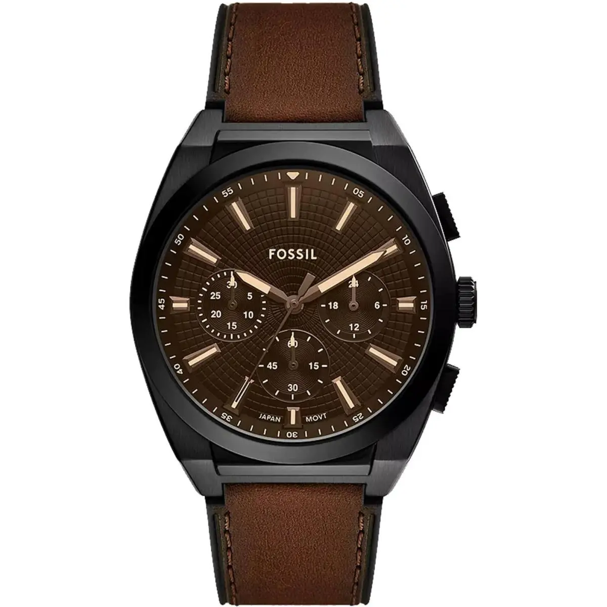Fossil Men`s Watch Everett Chronograph Brown Dial Leather Strap FS6108 - Dial: Brown, Band: Brown