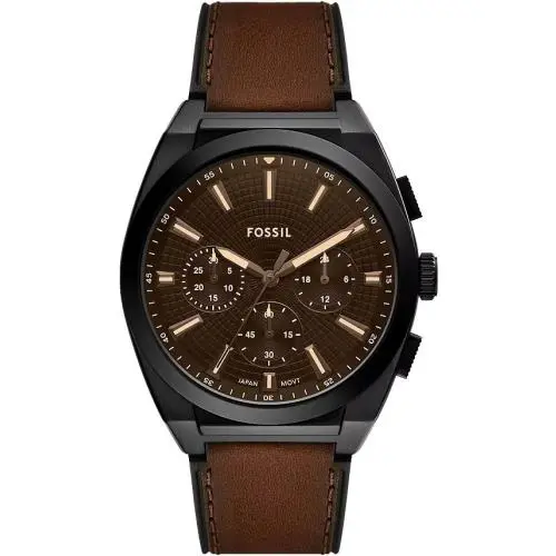 FS6108 Men`s Everett Black IP Leather Band Black Dial Chronograph Watch by Fossil