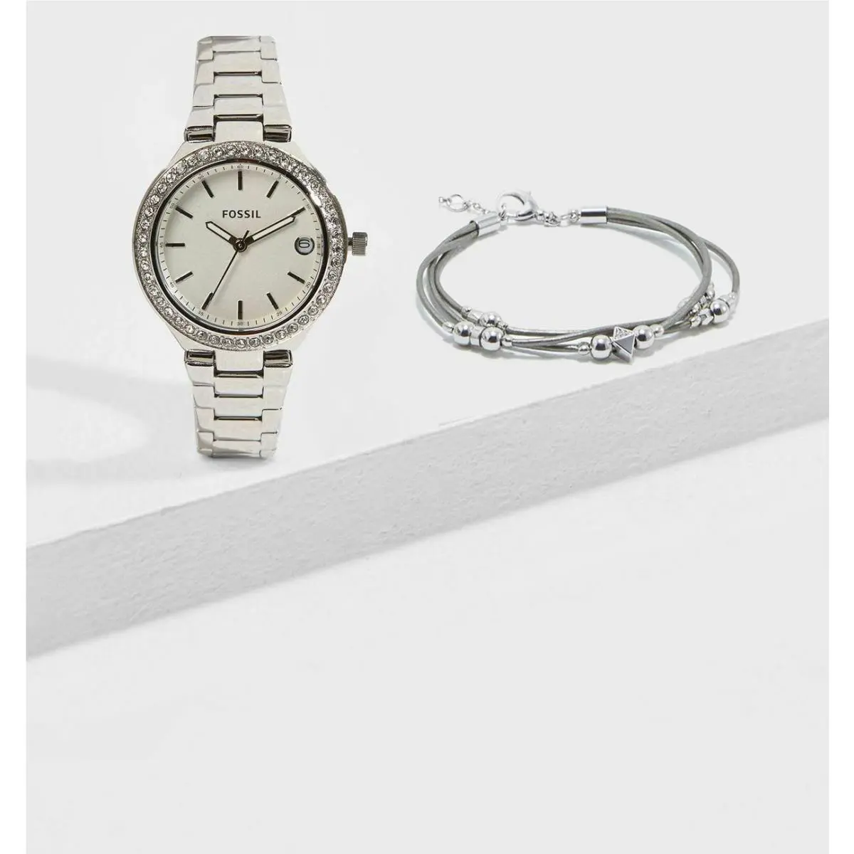 Fossil Blane 2-PC Gift Box Set Womens Silver Watch Bracelet ES4336SET Crystals
