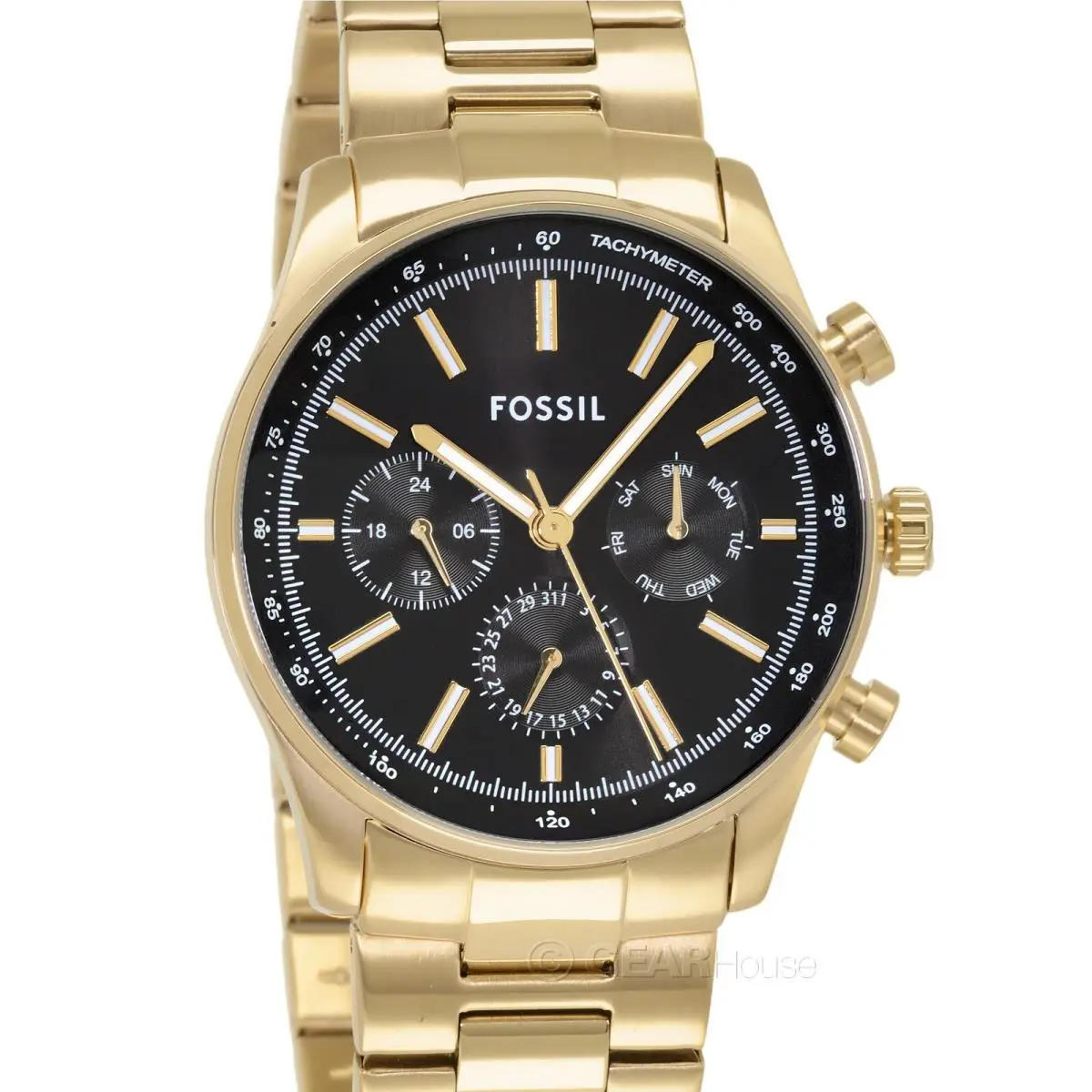 Fossil Sullivan Mens Gold Multifunction Watch Black Dial Stainless Steel Band