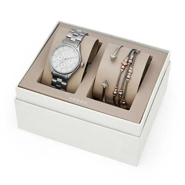 3 PC Set Silver+rose Gold Tone Crystal Multifunction WATCH-BQ3077SET by Fossil