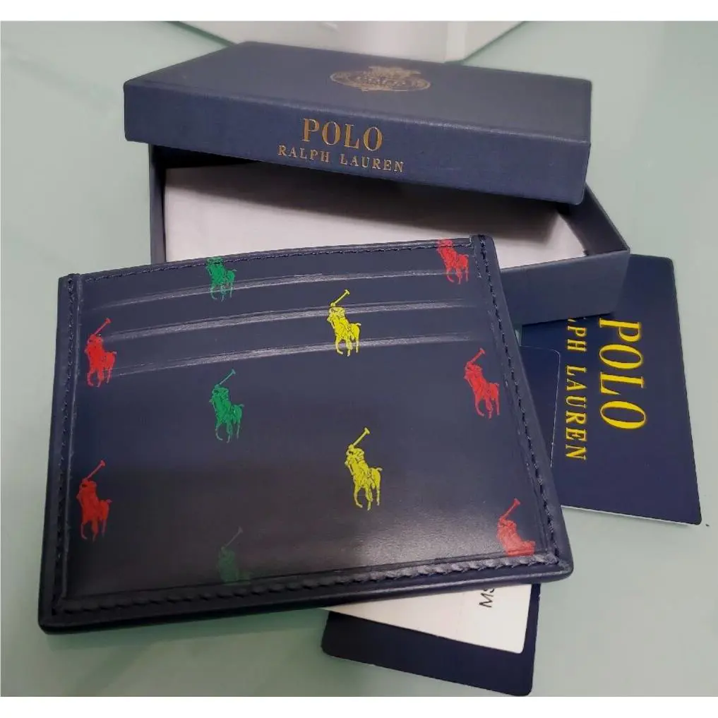 Polo Ralph Lauren Navy Green Red Leather Wallet Slim Card Holder w/6-cards Slots