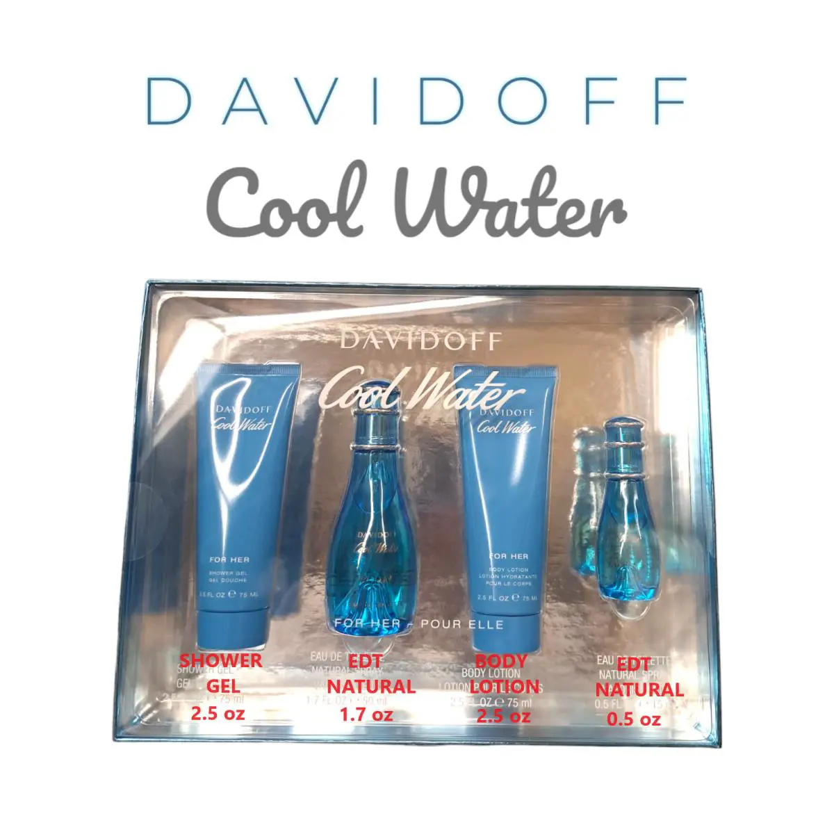 Davidoff Cool Water For Her Fragrance Set Edt 1.7/0.5oz Sgel/blotion 2.5oz