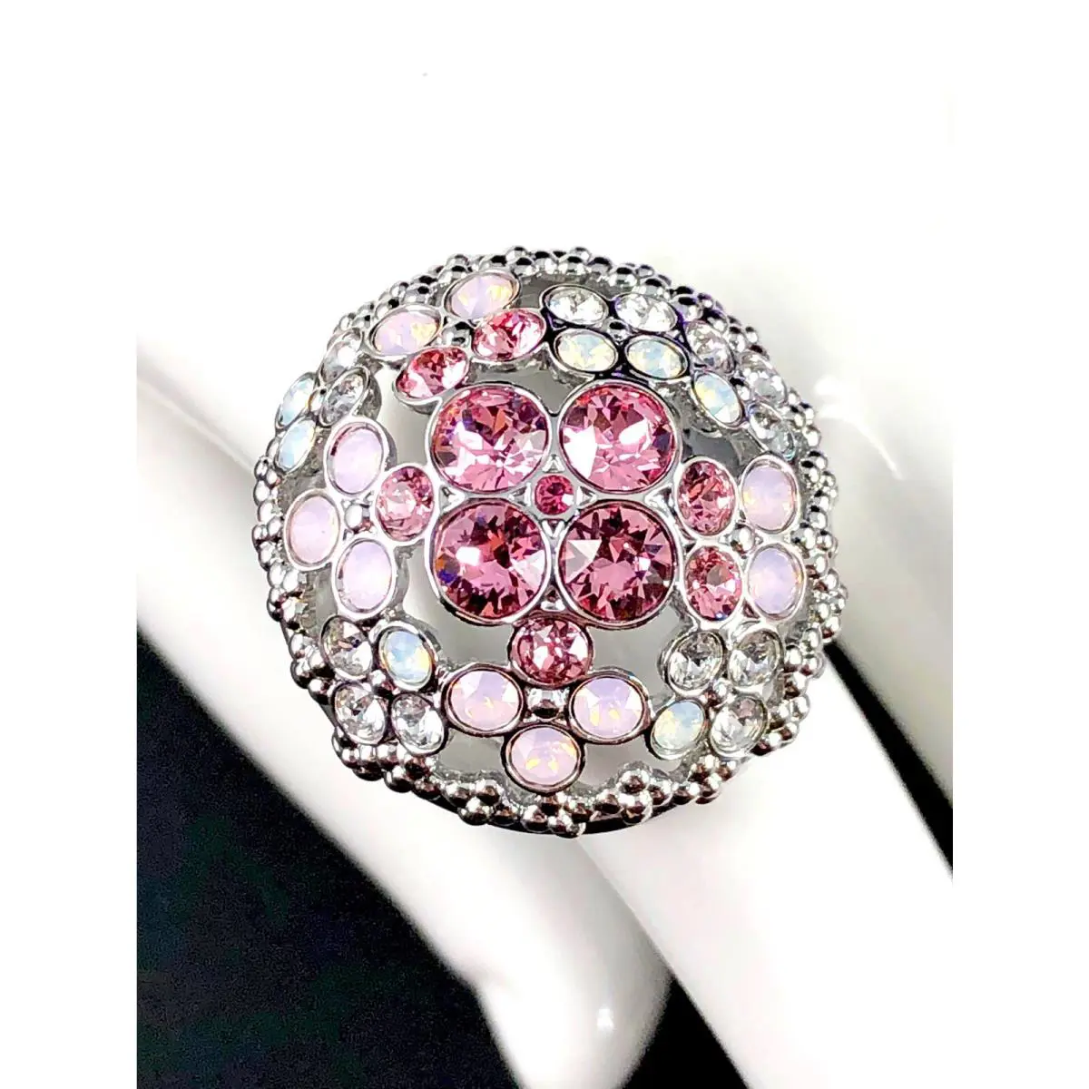 Swarovski Swan Silver Rhodium Pink Rhinestone ‘cherie` Ring Size 55 US 7