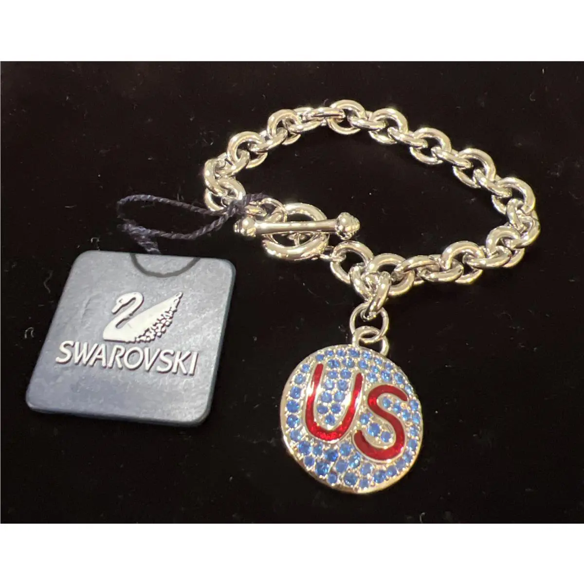 Swarovski Chain Bracelet Signed Charm Crystal Silver Tone Link