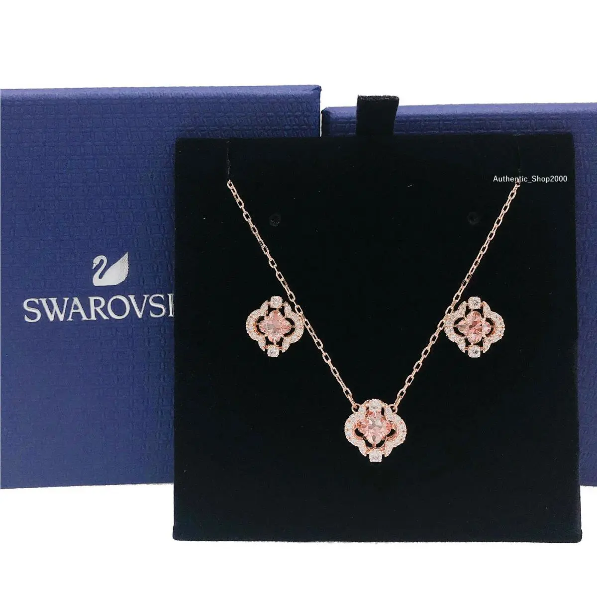 Swarovski Rose Gold Sparkling Pink Clover Necklace + Earrings Set 5516488
