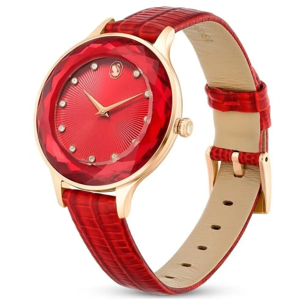 Swarovski Octea Nova Watch Swiss Made Leather Strap Red Rose Gold-tone Finish