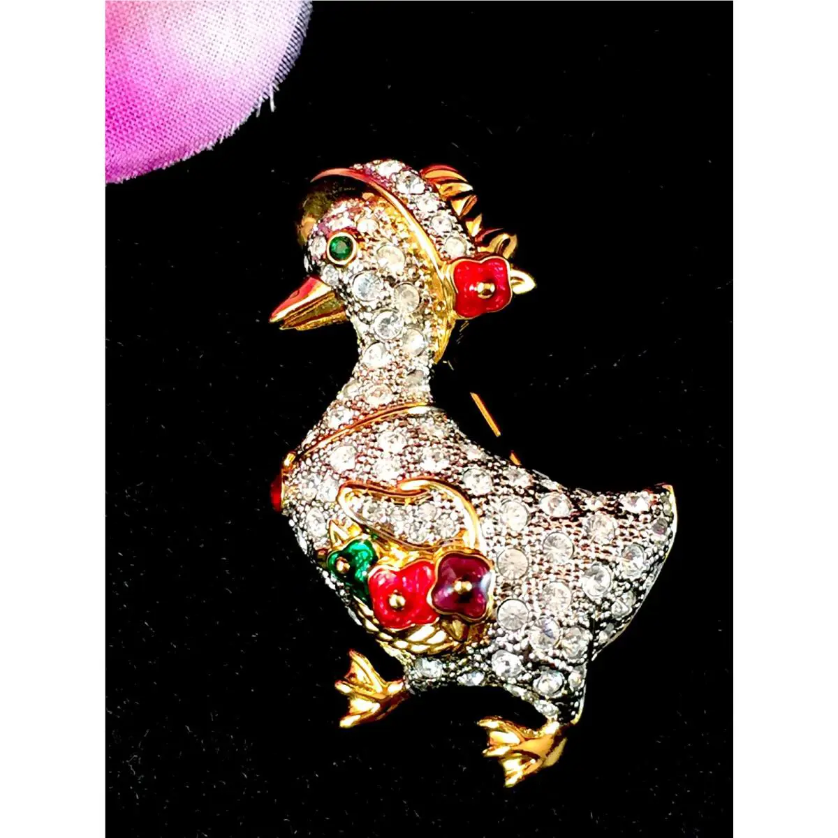 Dazzling Swarovski Swan 18K GP Crystal Rhinestone Enamel Mother Goose Brooch