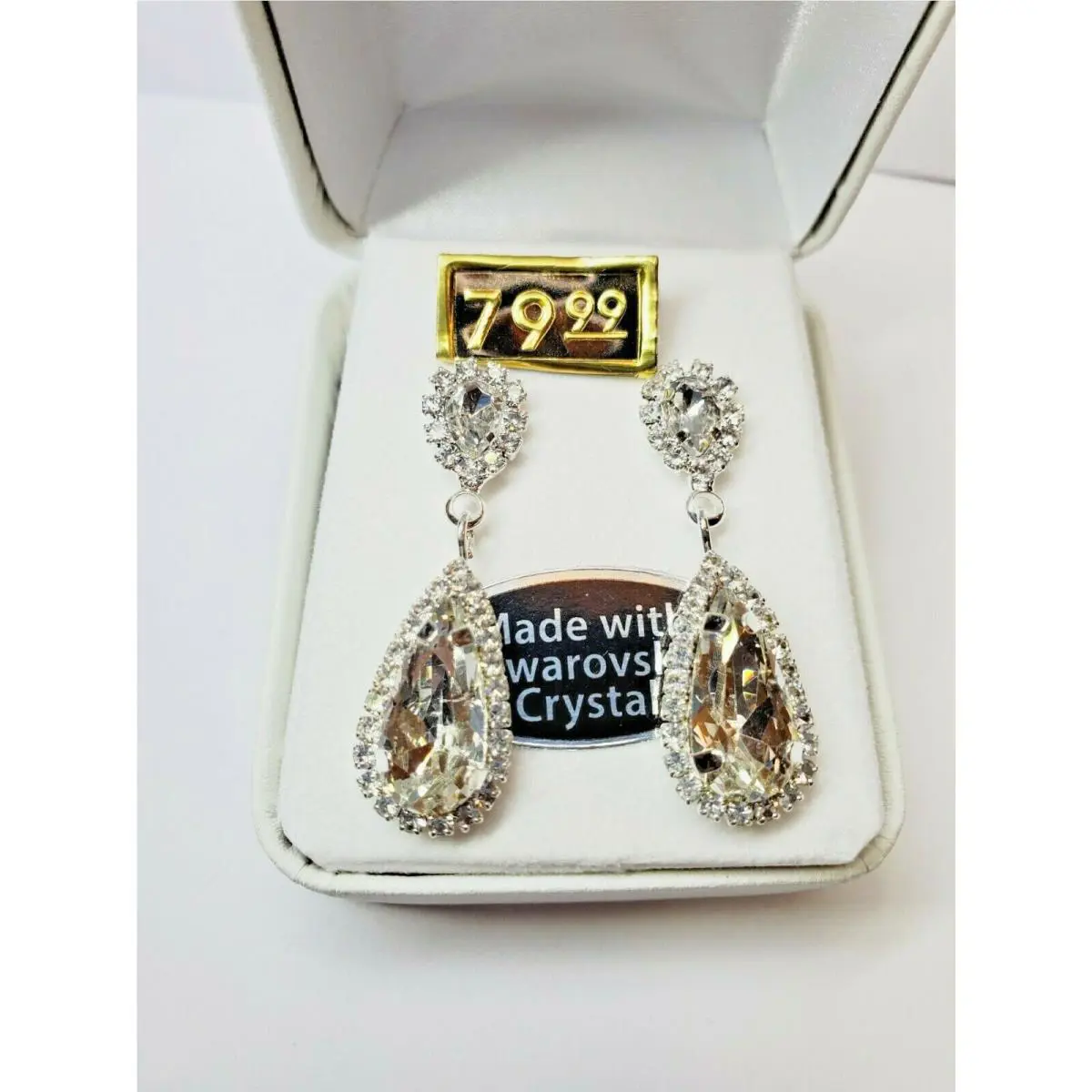 Crystals By Swarovski Clear Dangle Earrings Stud Double Pear Shaped Silver Plate