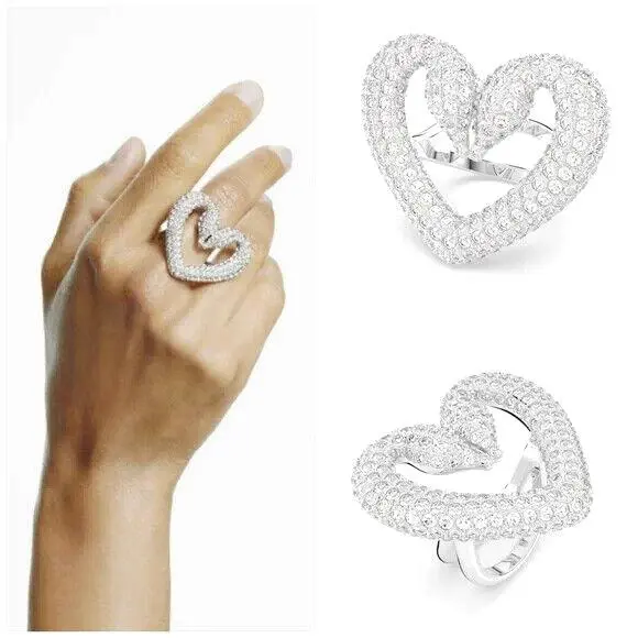 Swarovski Crystal Rhodium Plated Double Swan Heart Statement Ring Size 7+BOX