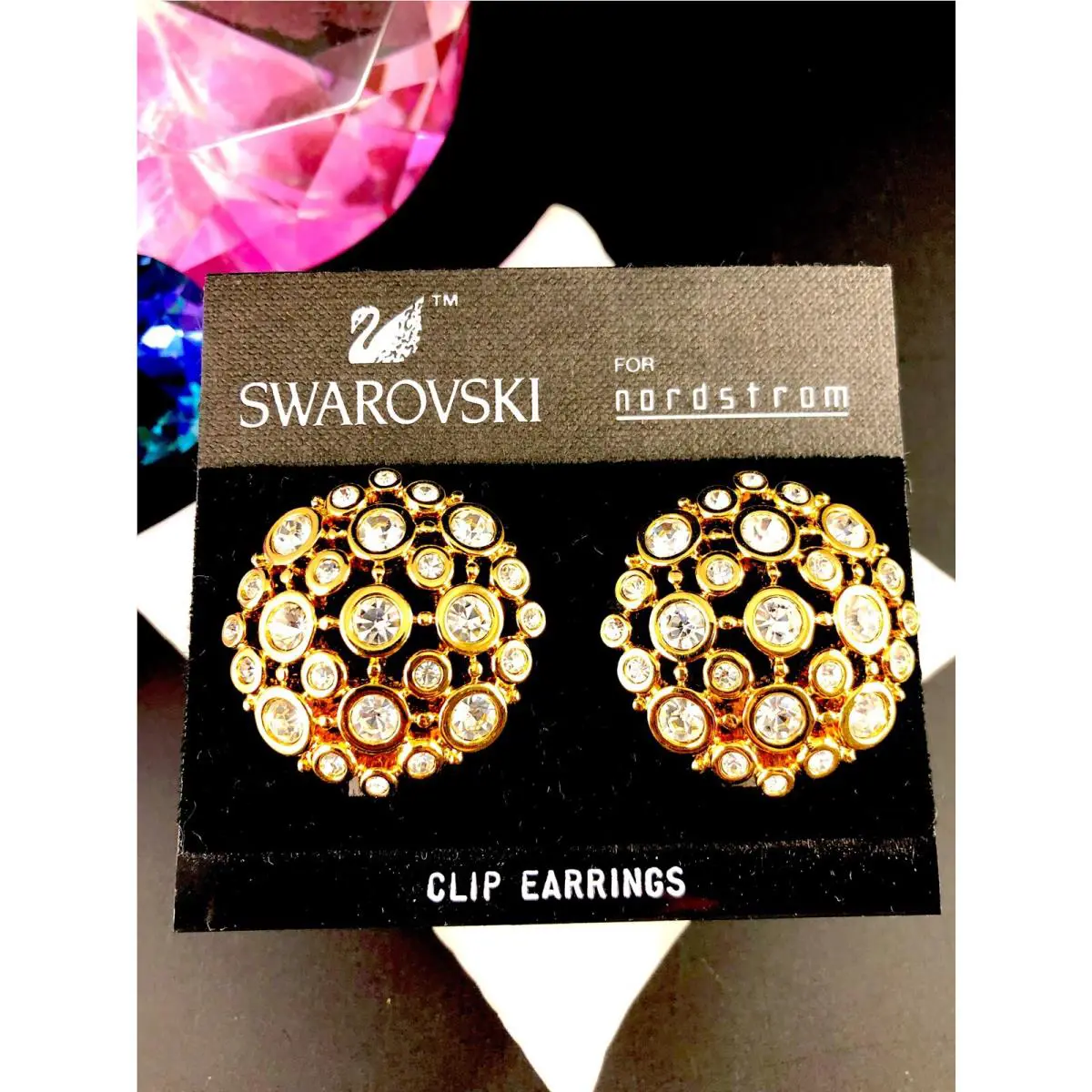 Swarovski Nordstrom Bezel Set Crystal Rhinestone Domed Button Clip Earrings