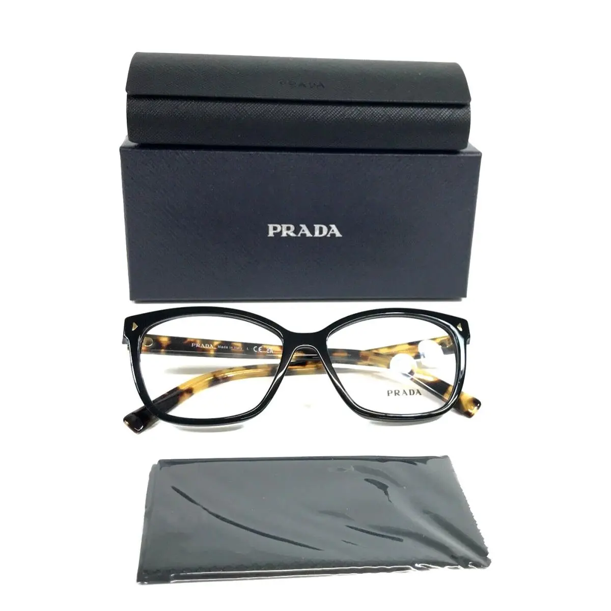 Prada Eyeglasses Frames VPR15Z 389-1O1 Black Tortoise Cat Eye Full Rim 55-16-145