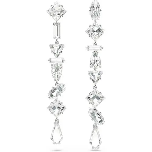 Swarovski Mesmera Drop Earrings Asymmetrical Design Long White Rhodium Plated