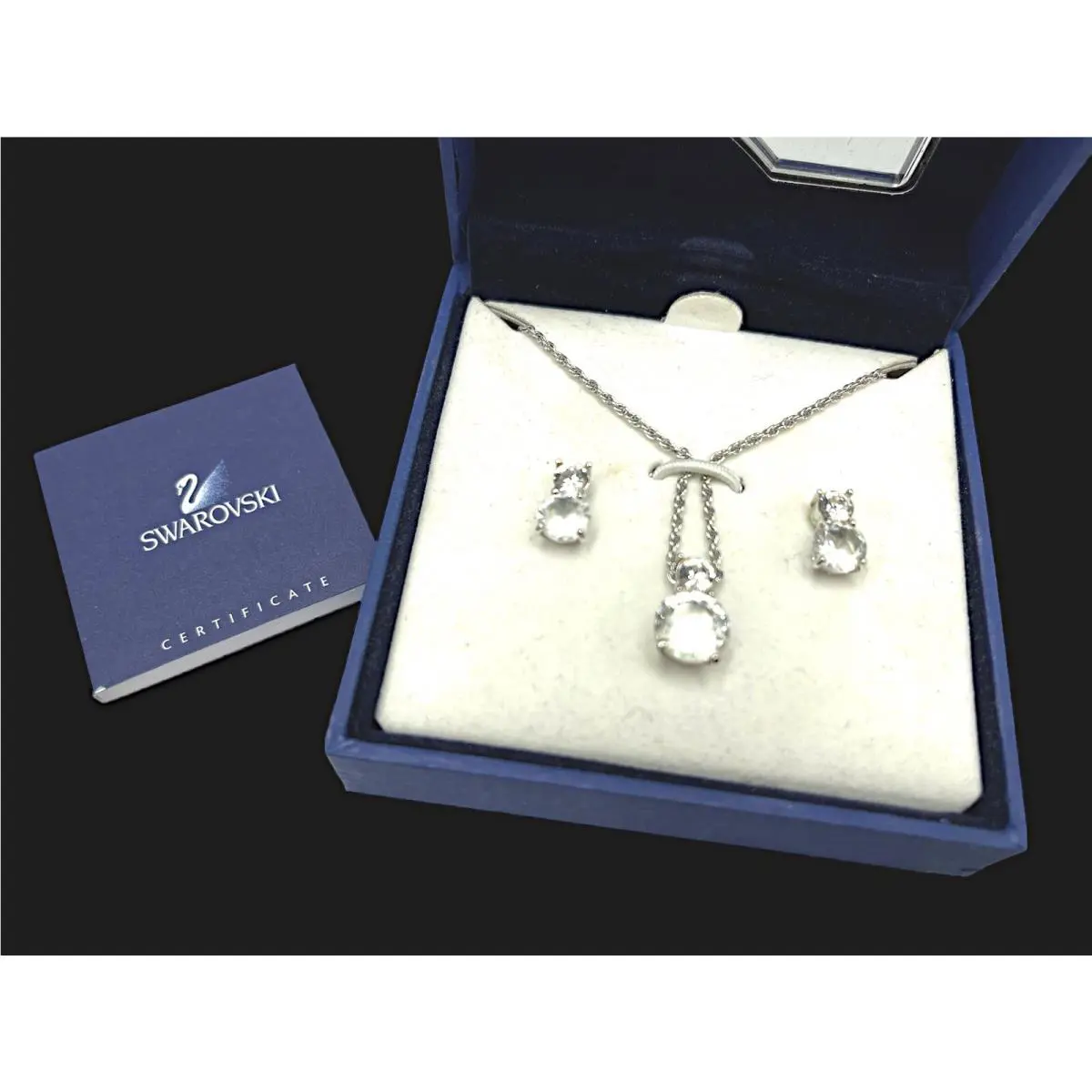 Swarovski Rhodium Plated Crystal Rhinestone Necklace Pierced Earring Set