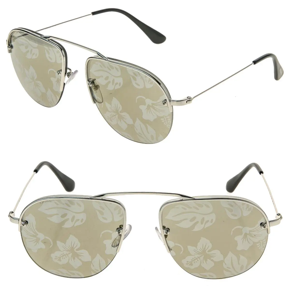 Prada Teddy 58O PR58OS Aviator Silver Yellow Hibiscus Mirror Print Sunglasses