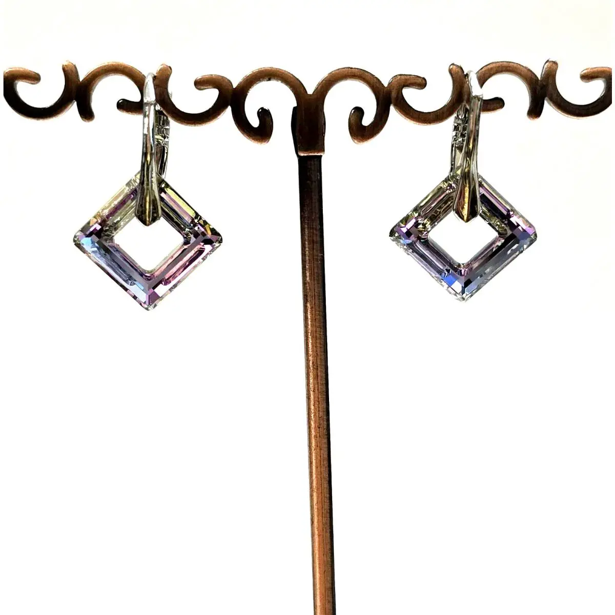 Marea Silver Cut Out Square Pink Purple Prism Swarovski Crystal Drop Earrings