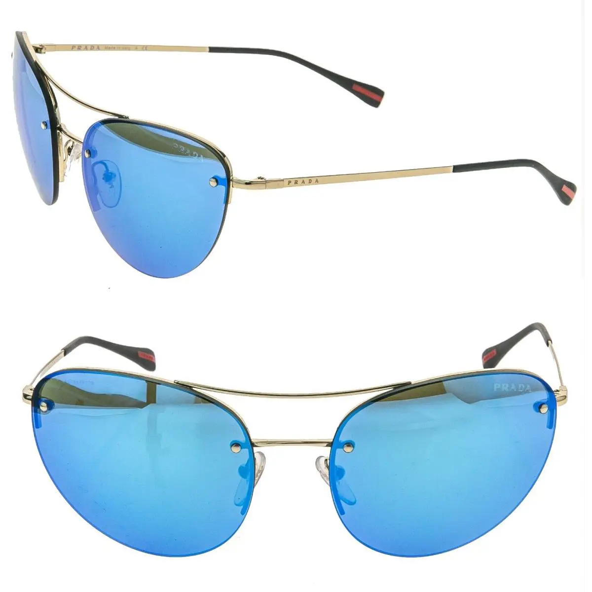Prada 51R Linea Rossa Spectrum Cat Sunglass Gold Blue Mirror Metal Sport PS51RS
