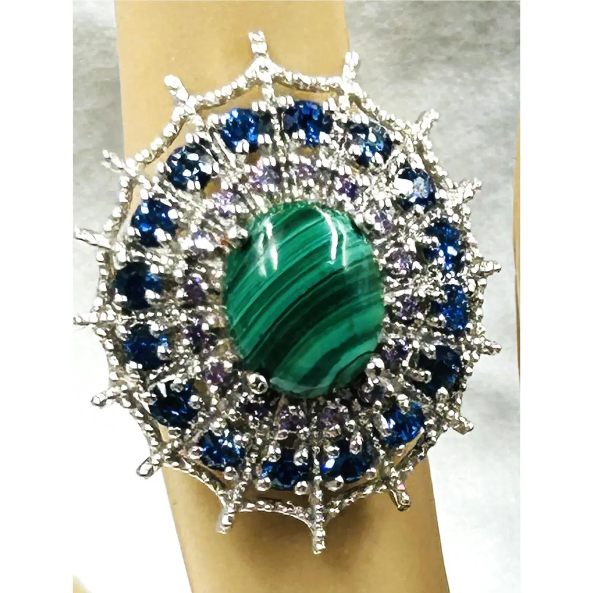 Ring with Swarovski Blue Crystal Spiderweb Spider Web Green Malachite Silvertone