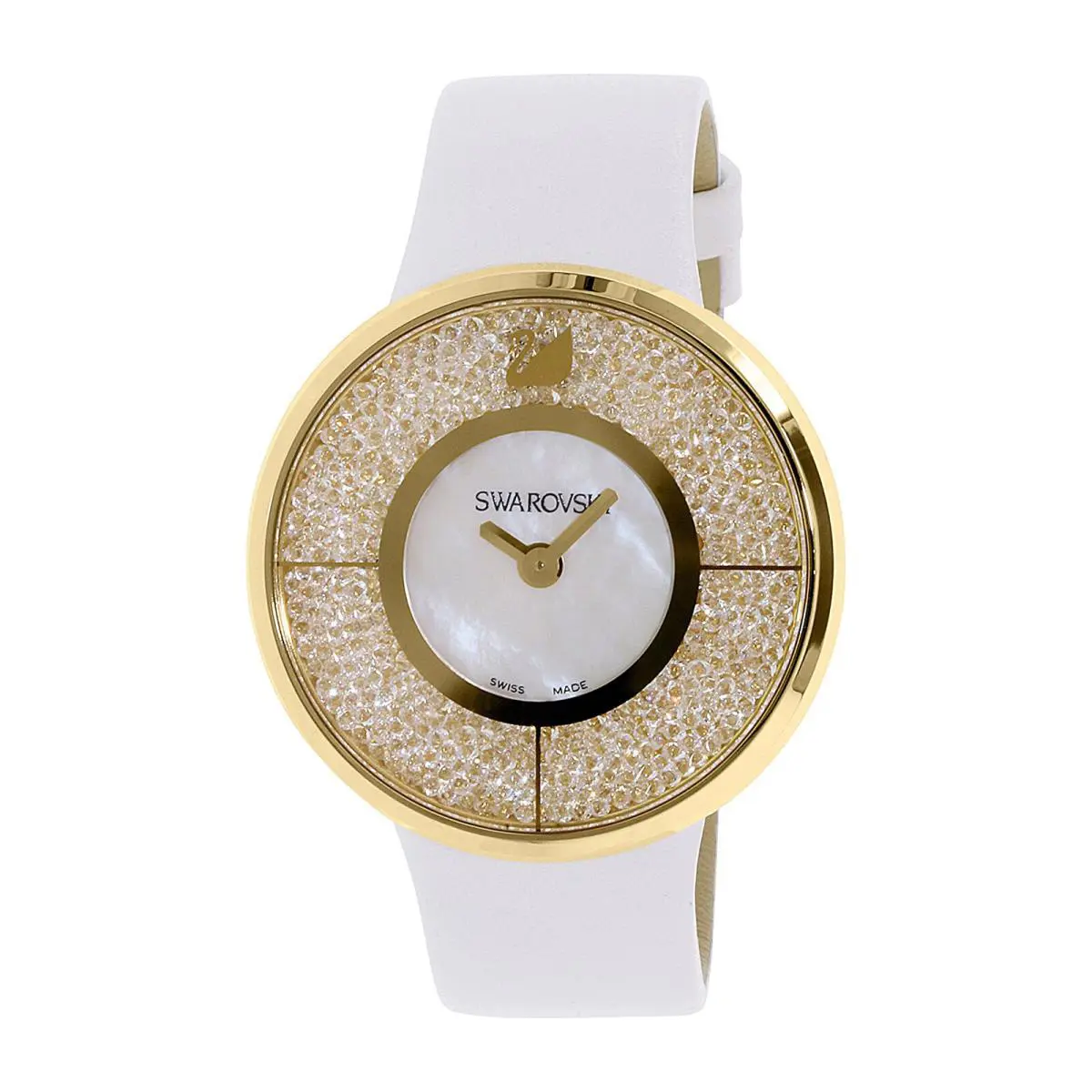 Swarovski Crystal Swiss Watch Crystalline Yellow Gold White Leather Belt 1184025 - Gold, White, Yellow