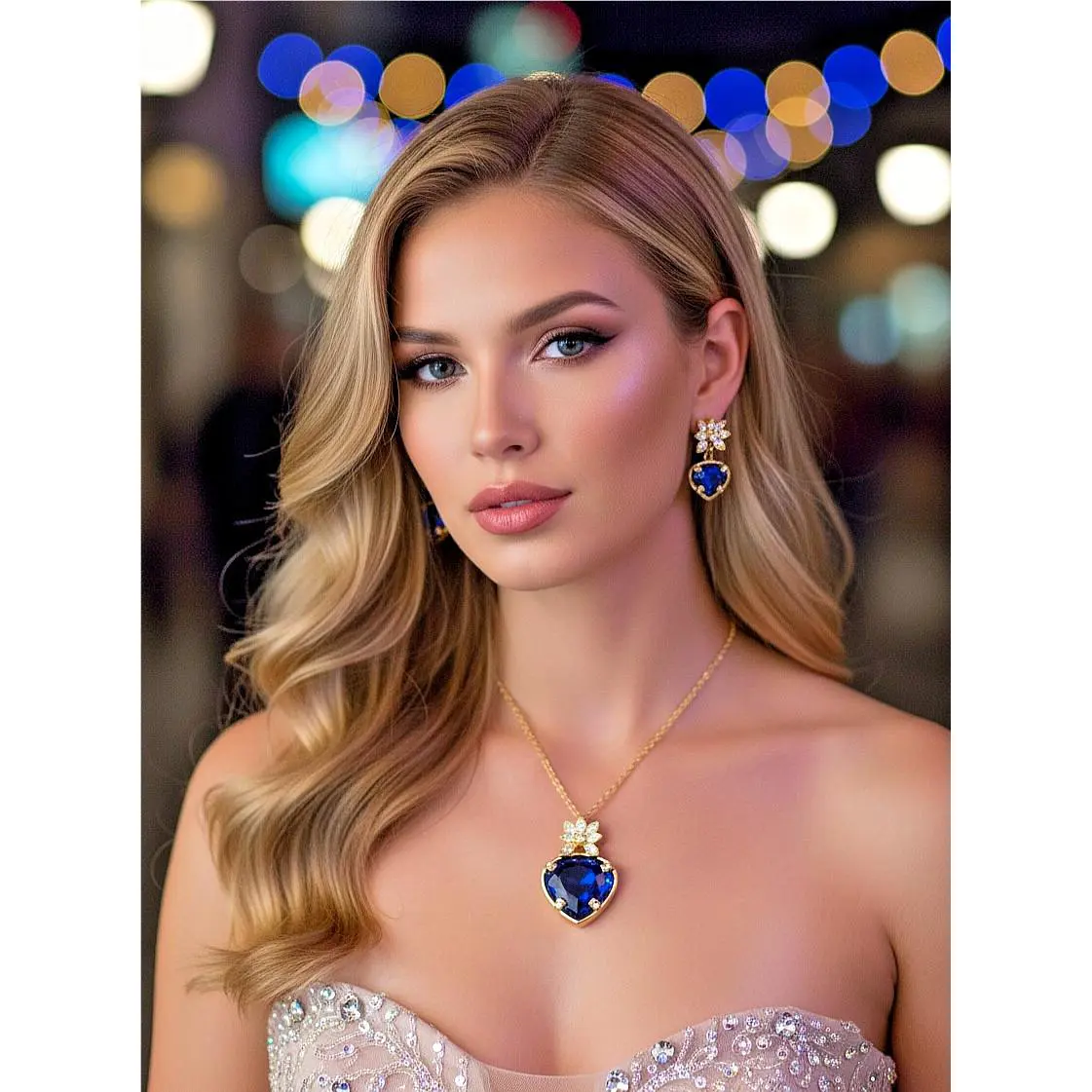 High End Swarovski Necklace Tanzanite Crystal Rhinestone Heart Earrings Set