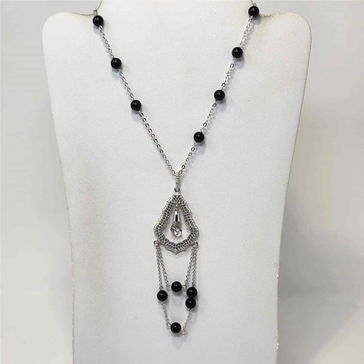 Swarovski Clear Crystal Pave Dauphin Pendant Chain Necklace Black Pearls