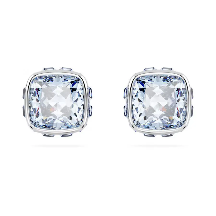 Swarovski Birthstone Stud Earrings Square Cut March Blue Rhodium Plated 5660800