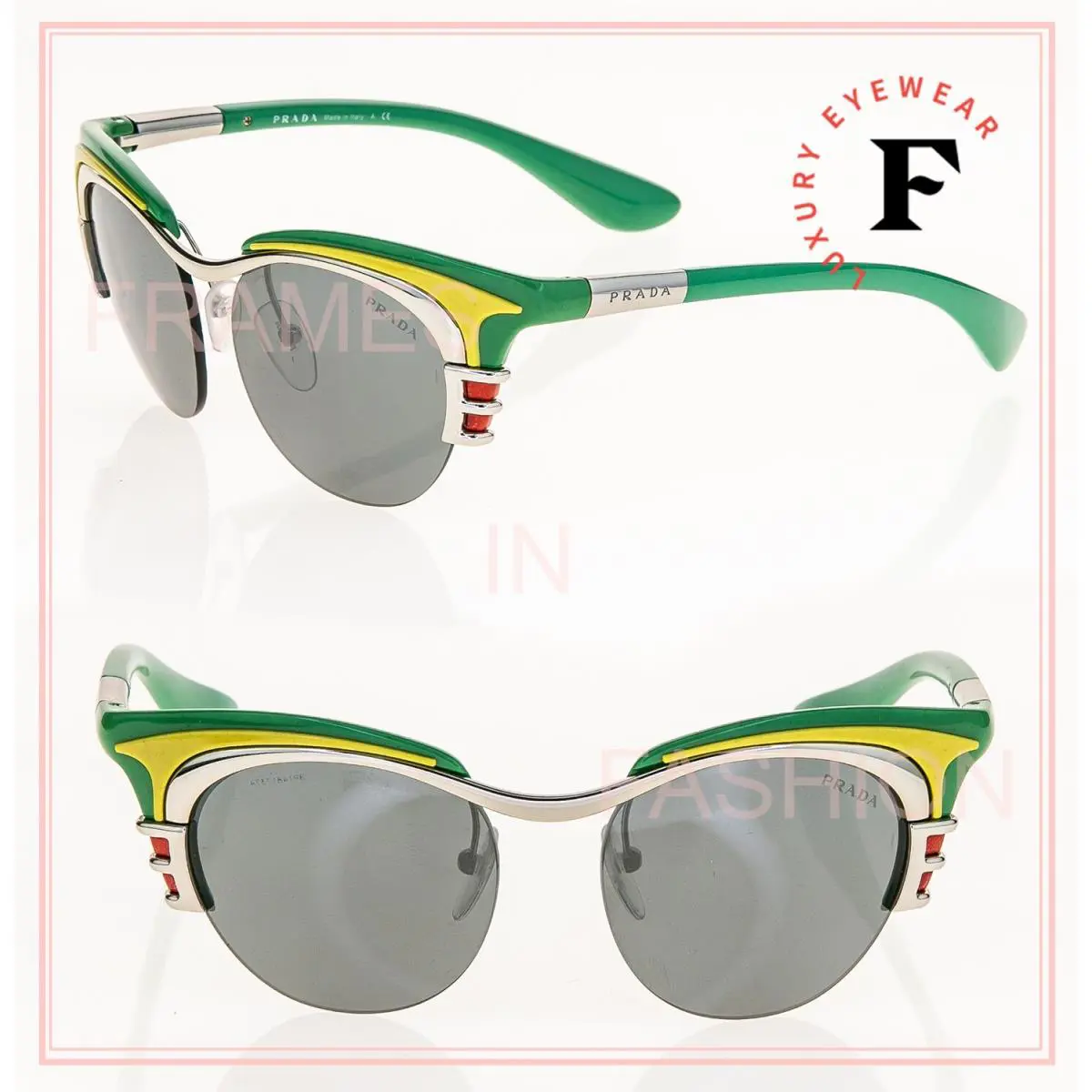 Prada Dixie Oval Retro PR60OS Green Yellow Silver Mirror 60O Fashion Sunglasses
