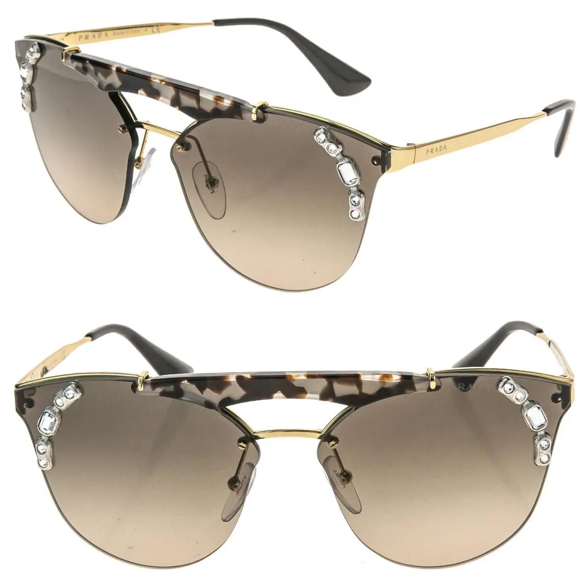 Prada 53U Ornate Gold Brown Shield Brow Bar Jewel Fashion Sunglasses PR53US 53US