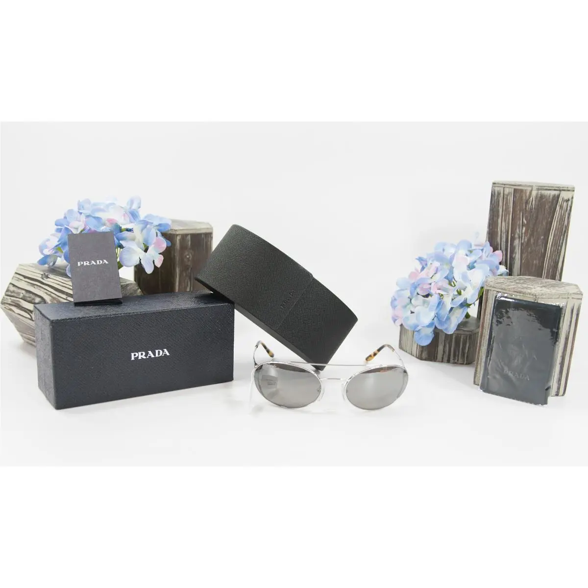 Prada Spr 66V Silver Thin Frame Polarized Metal Aviator Logo Sunglasses Case