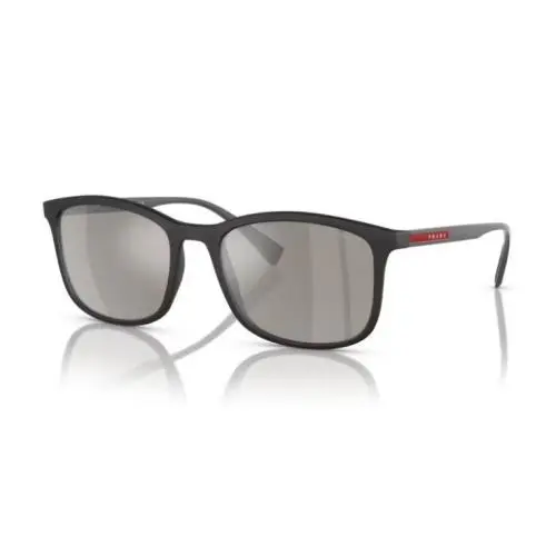 Prada PS 01TS DG02B0 Black Rubber Plastic Rectangle Sunglasses Silver Mirror
