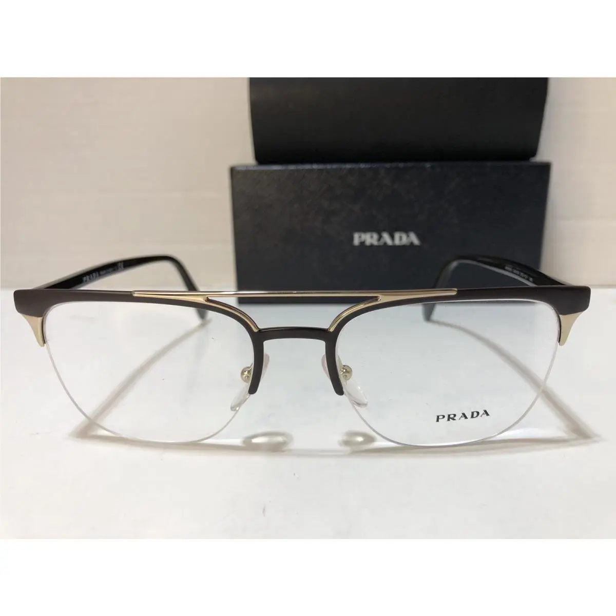 Prada Men VPR634U Half Rim Matte Brown Gold Metal Frame Eyeglasses Case