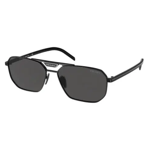 Prada PR 58YS 1AB5S0 Black Metal Rectangle Sunglasses Grey Lens 57mm