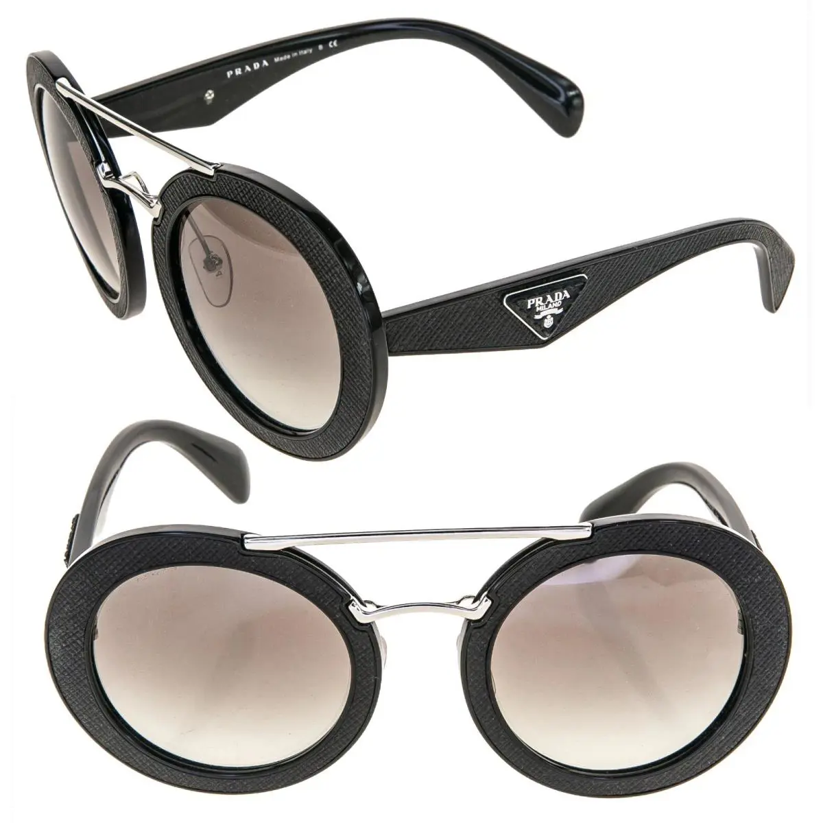 Prada 15S Cinema Ornate Saffiano Leather PR15SS Black Sunglasses Triangle Logo