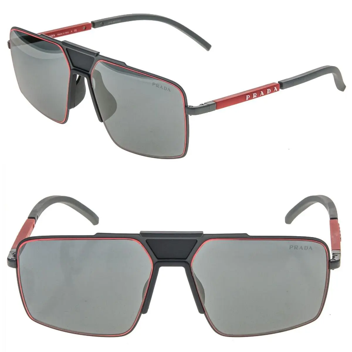 Prada 52X Linea Rossa Sport Sunglasses Gray Rubber Red Metal Flat Mirror PS52XS