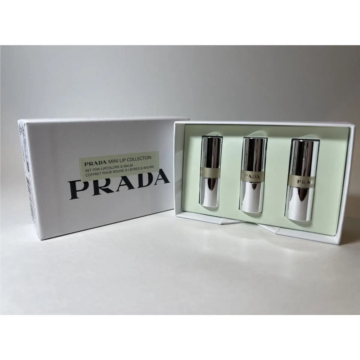 Prada Beauty Mini Lip Collection Set Astral Pink Quartz Mahogany Lipstick Balm