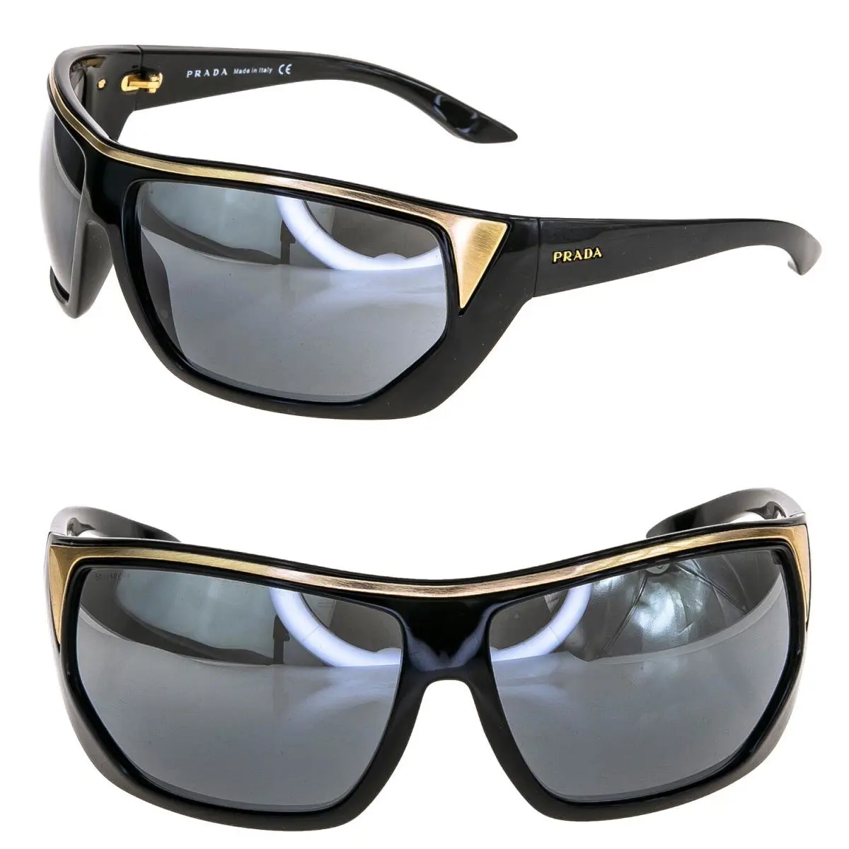 Prada 10I Wrap Mask Black Brushed Gold Silver Mirror Sunglasses Unisex PR10I