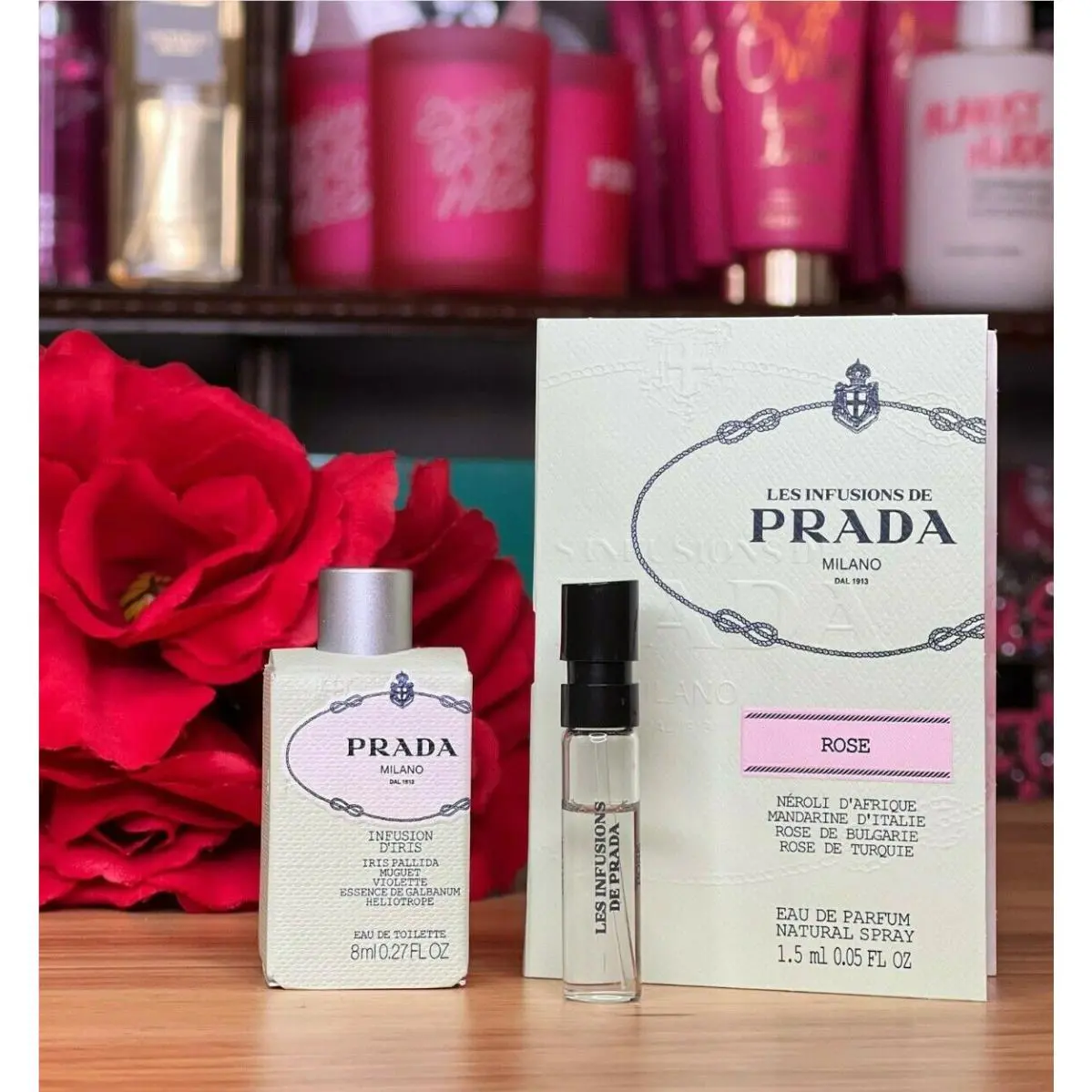 Prada Infusion D`iris Edt Perfume Fragrance Deluxe Mini 0.27 Oz. + Rose Sample