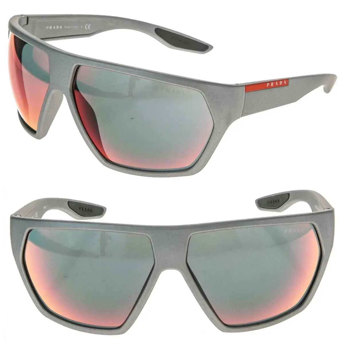 Linea Rossa Active 08U Silver Red Mirrored Sport Sunglasses PS08US Wrap by Prada