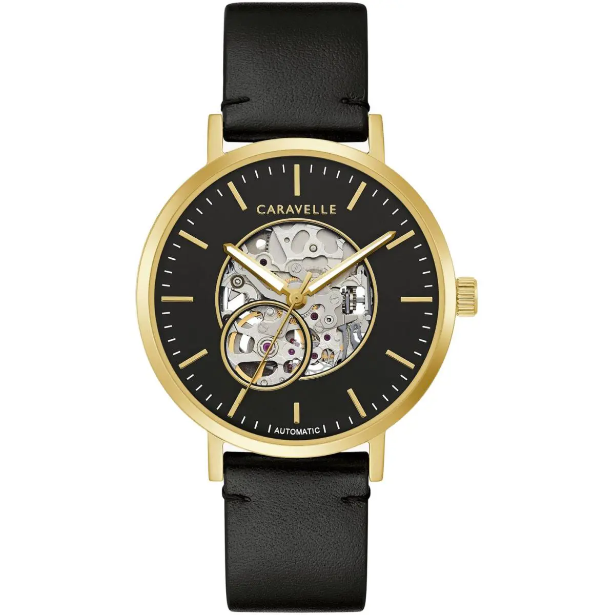 Men`s Watch Classic Automatic Yellow Gold Case Black Dial Strap 44A121 by Caravelle