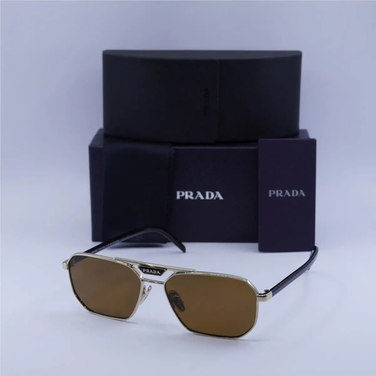 Prada Pale Gold Metal Rectangle Sunglasses Brown Polarized Lens PR 58YS