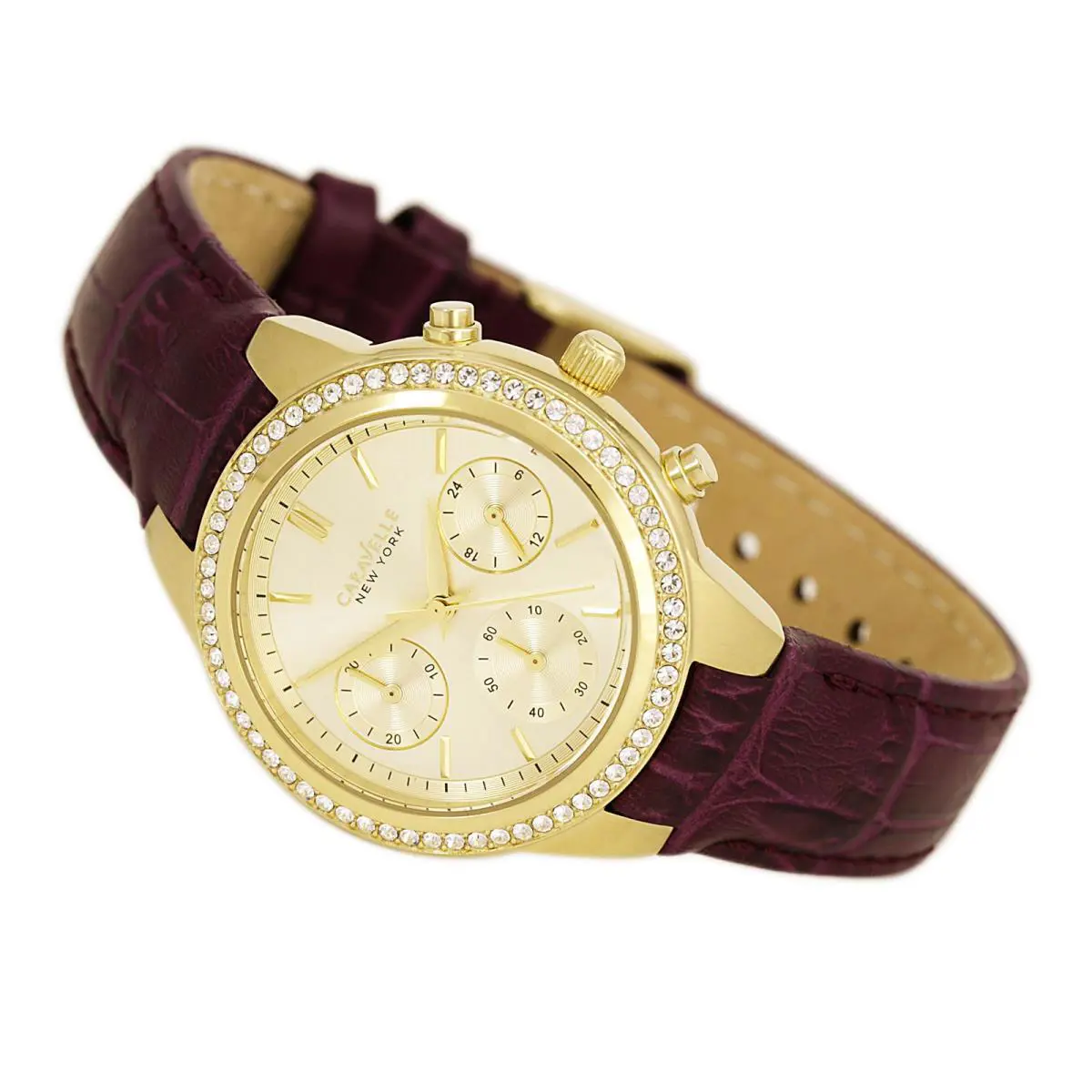 New York 44L182 Crystal Chronograph Purple Leather Band Women`s Watch by Caravelle