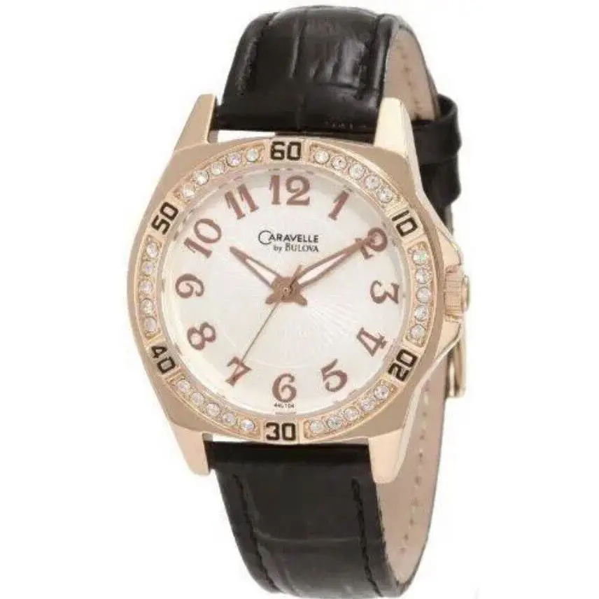 by Bulova 44L104 Women`s Watch Rose Gold Tone Black Leather Band by Caravelle