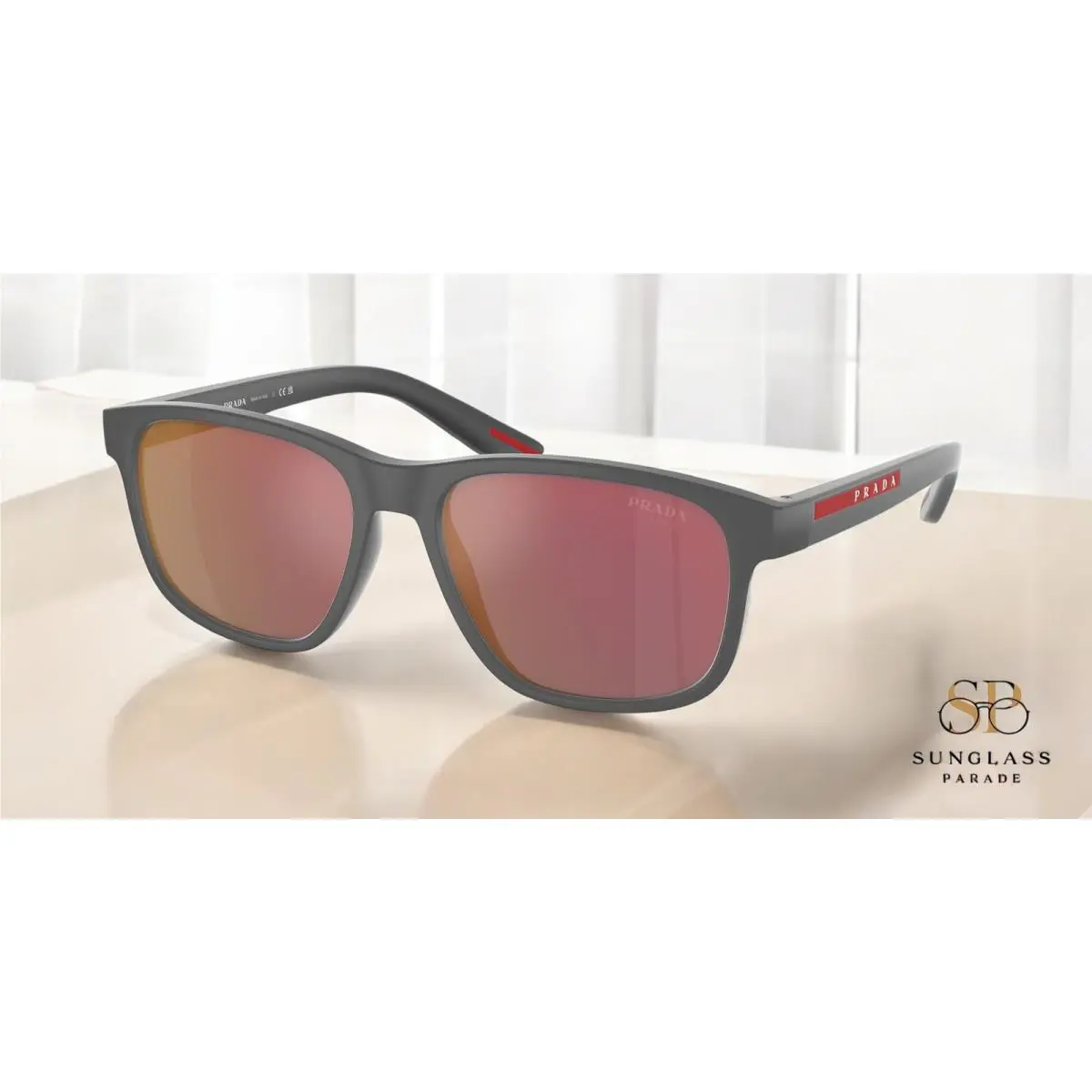 Prada Linea PS 06YS UFK10A Grey Rubber Grey Mirror Red 56 mm Men`s Sunglasses