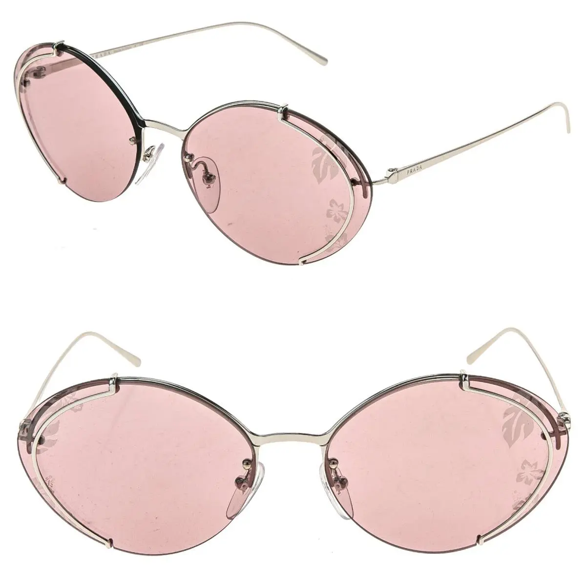 Prada Oval Metal Sunglasses 60U Silver Pink Mirror Hibiscus Flower Print PR60US