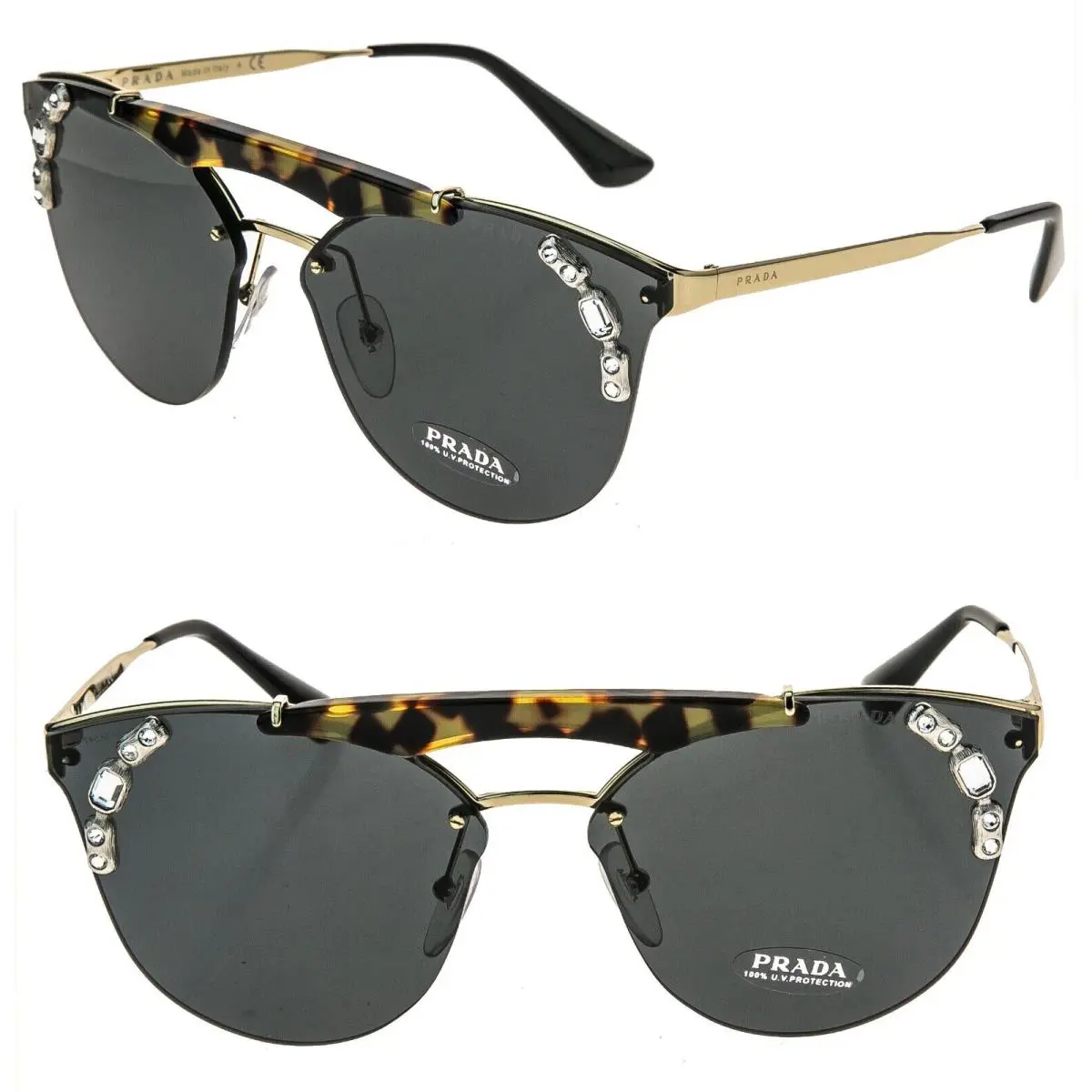 Prada Ornate Gold Black Shield Brow Bar Fashion Sunglasses Jewel 53U PR53US 53US