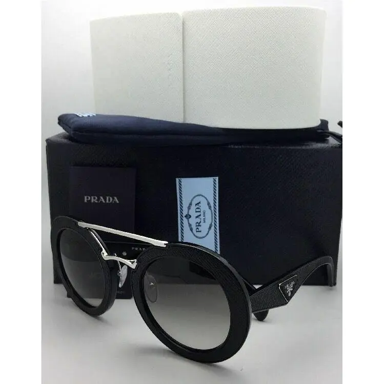 Prada Sunglasses Spr 15S 1AB-0A7 Black Leather Silver Frames w/ Grey Fade